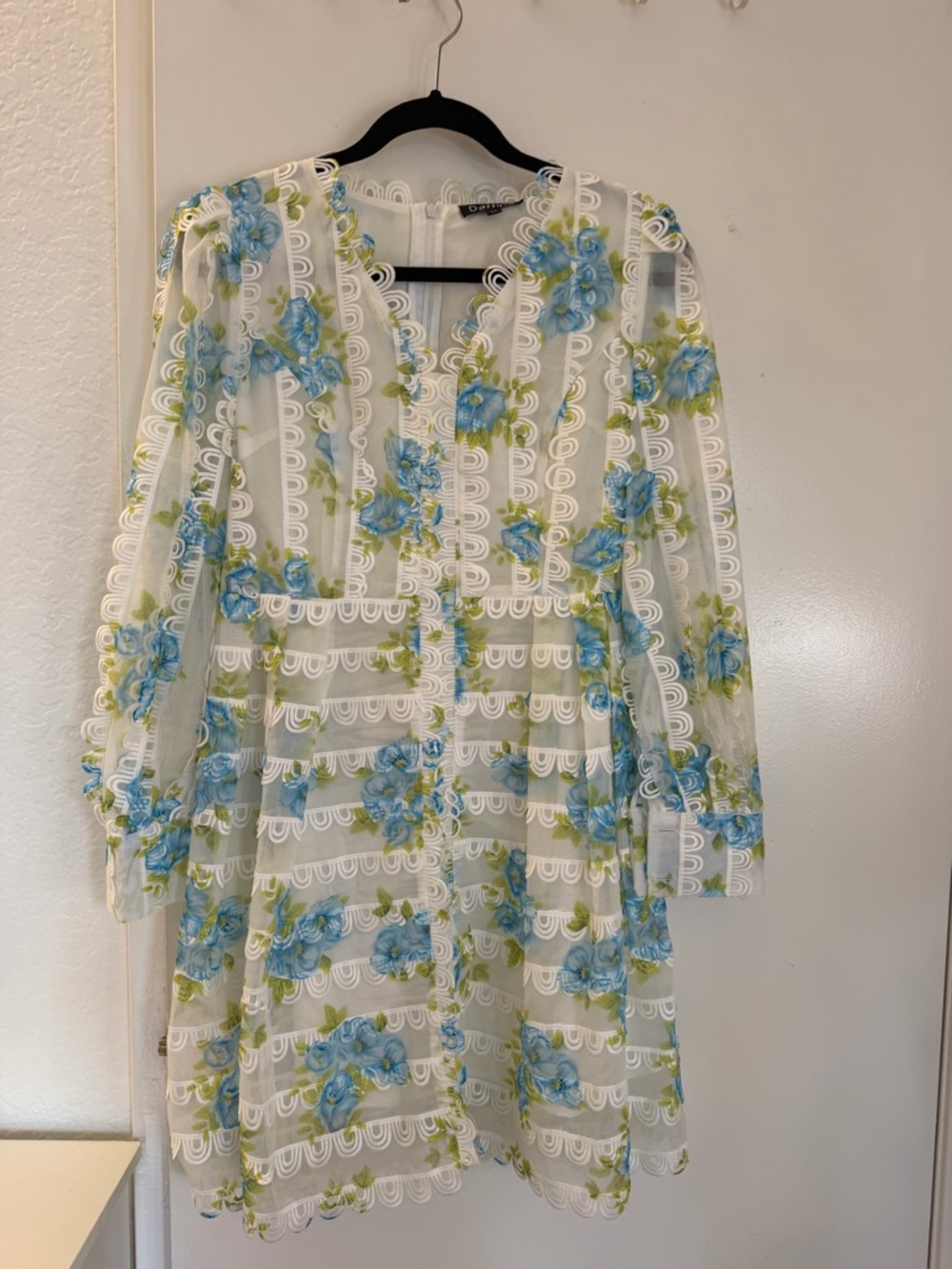 Sheer White Floral Lace Dress with Blue & Green Embroidery